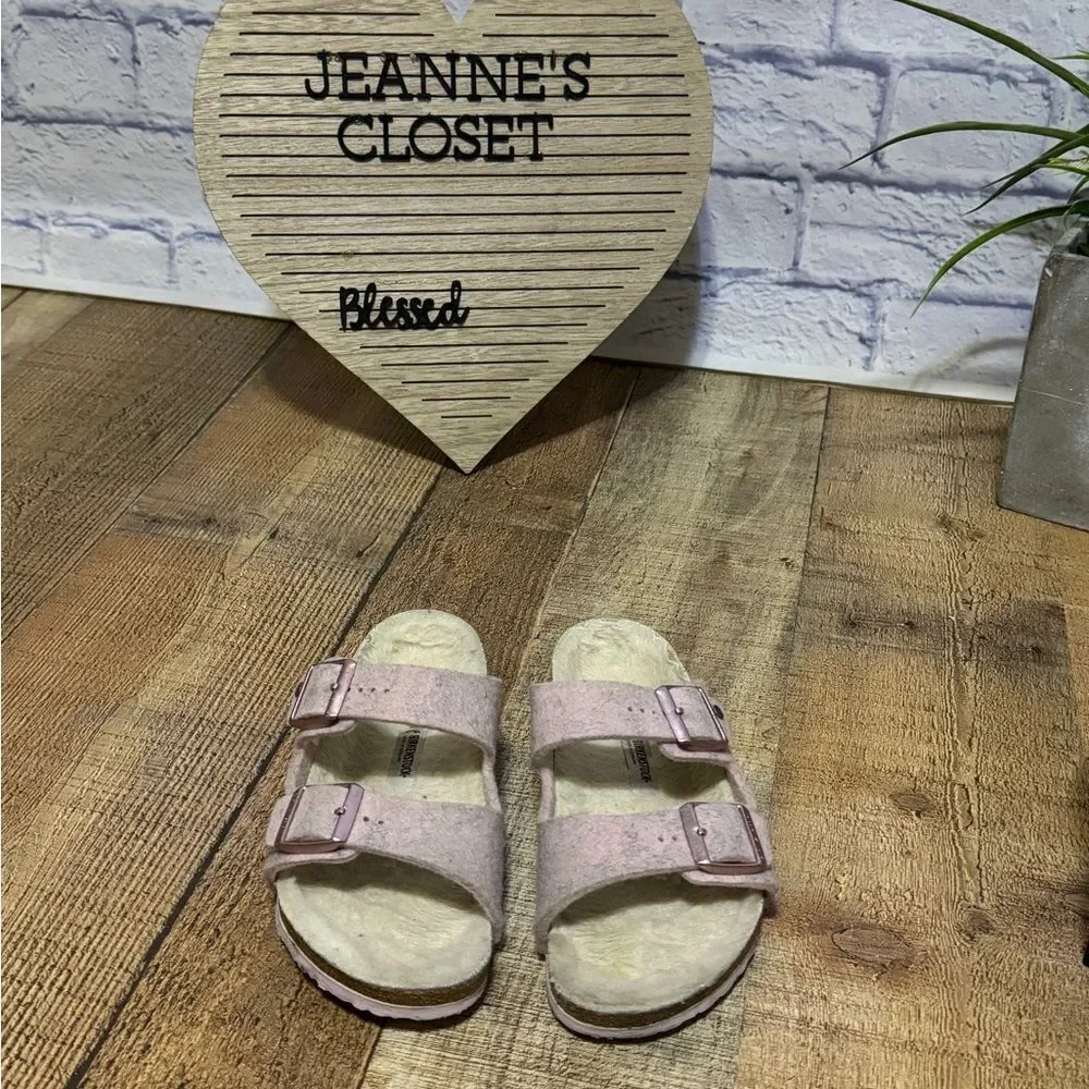 Birkenstock ARIZONA Double WOOL SLIDE Sandal Blush Pink Unisex 34‎ narrow